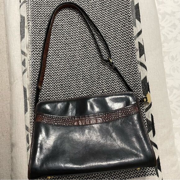 Brahmin Vintage Black Leather/Brown Croc Trim Shoulder/Crossbody Bag - Picture 2 of 11